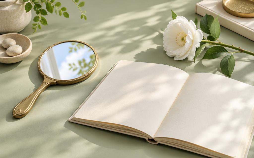 Espelho, caderno e flor em uma composição sobre autocuidado