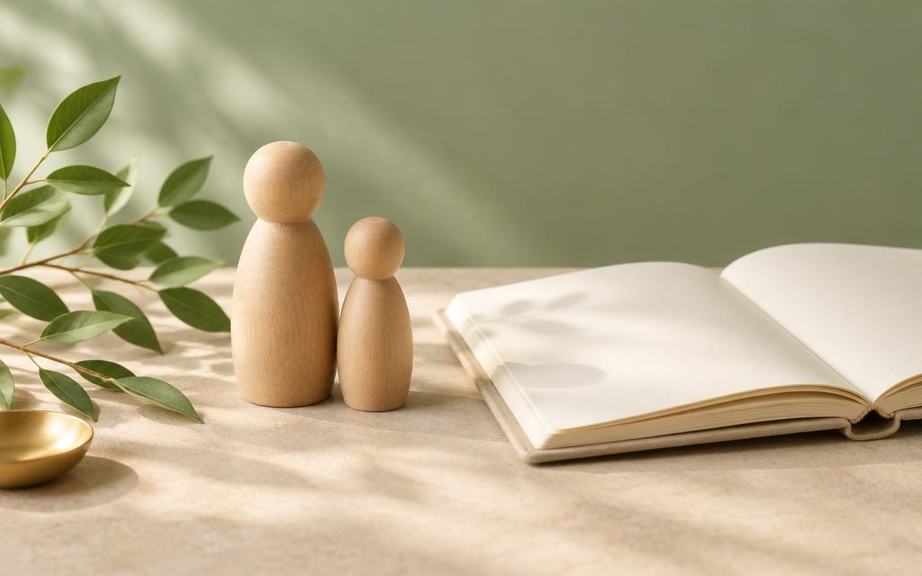 Figuras de adulto e criança ao lado de um caderno